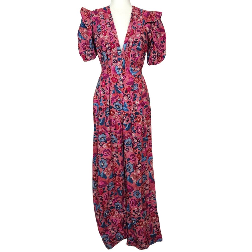 FARM RIO Floral Birds Blush Jumpsuit XS NWT Wide Leg Short Sleeve Puff
